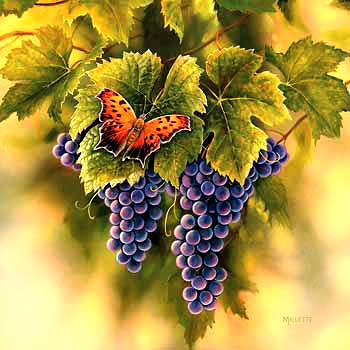 №946493 - панно, гроздь черного винограда, бабочка, лоза - оригинал