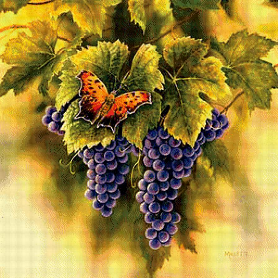 №946493 - гроздь черного винограда, лоза, бабочка, панно - предпросмотр