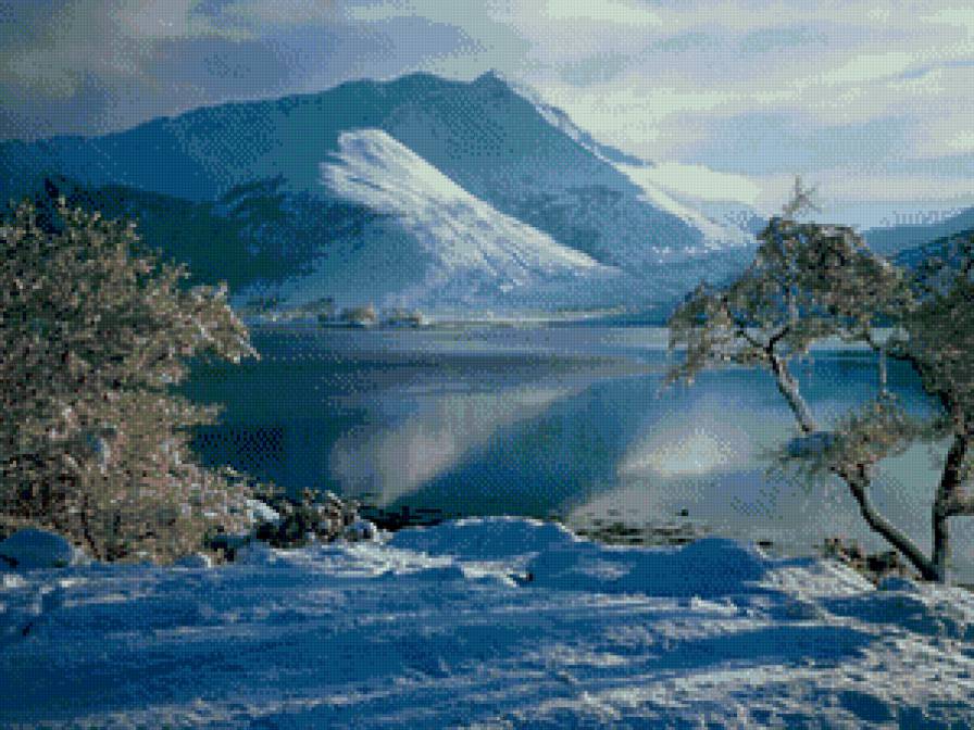 Зимний пейзаж - зима, озеро, горы - предпросмотр
