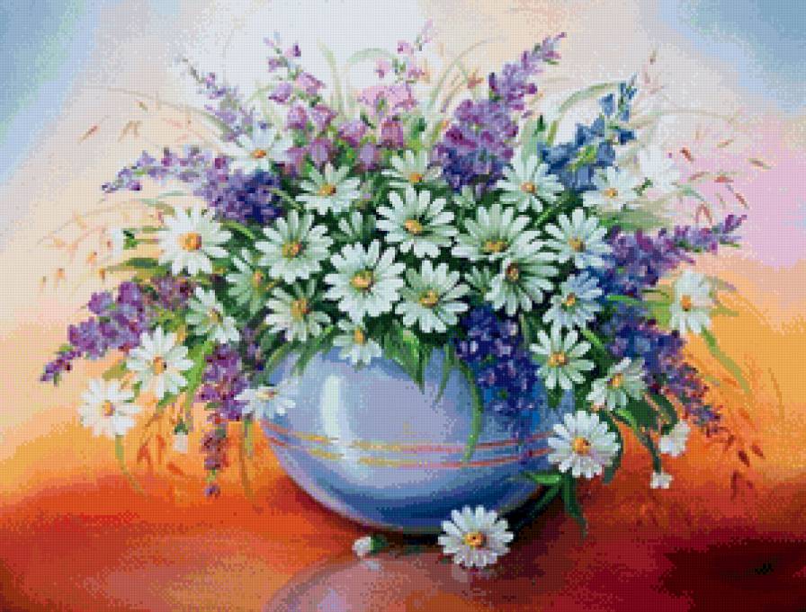 полевые цветы в вазе - ваза, ромашки, живопись, колокольчики, цветы, букет, натюрморт - предпросмотр