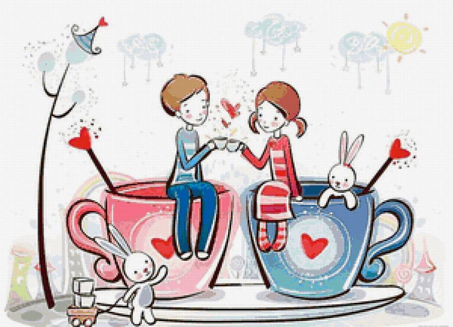 влюблённость - чаепитие, любовь, арт, пара, рисунок, чай, чашка, сердце - предпросмотр