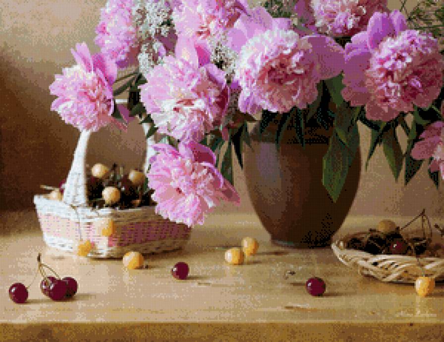 Пионы в вазе - ваза, натюрморт, пион, ягоды, корзинка, вишня, цветы - предпросмотр