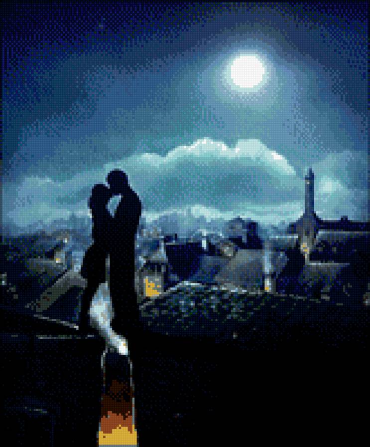 поцелуй - ночь, улица, он, она, на крыше дома - предпросмотр