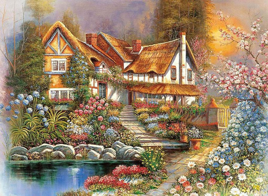 Домик в цветах - цветы, дом, вода - оригинал