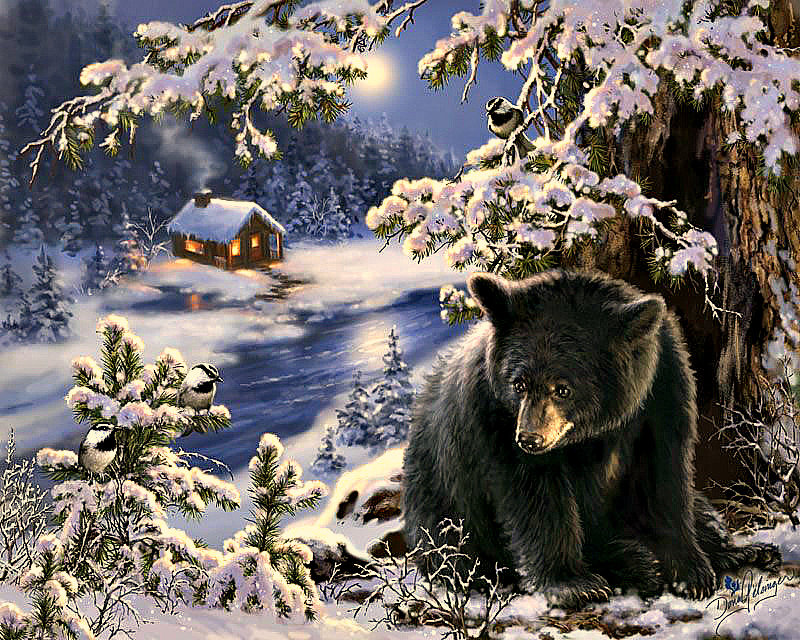 Серия "Дикая природа" Зимняя сказка - птички, зима, речка, избушка, медведь, снег - оригинал