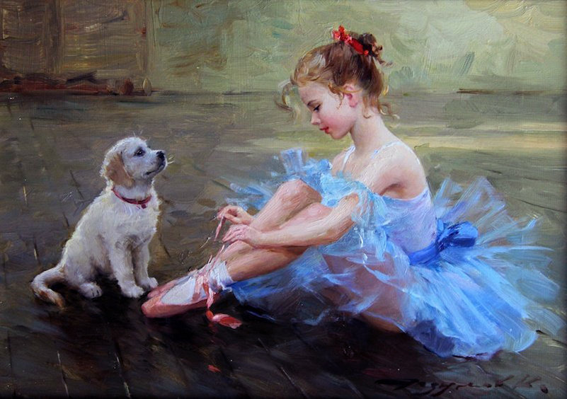 ребенок и щенок - щенок, девочка, балерина - оригинал