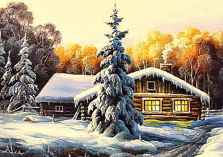 Серия "Дивные пейзажи" - зима, рассет, лес, снег, избушка - оригинал
