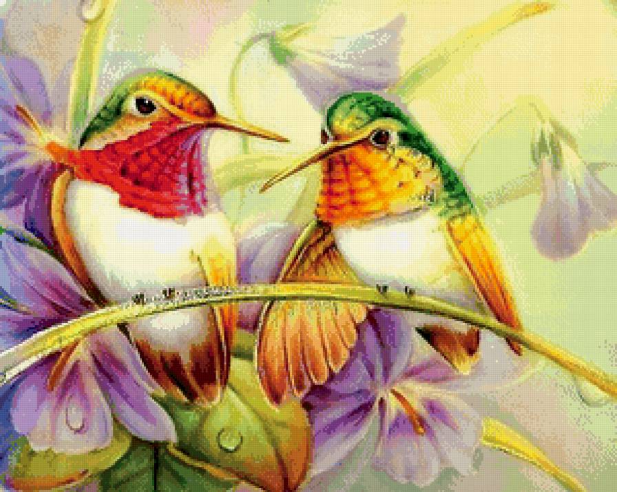 пара птичек на ветках - любовь, сад, нежность, пара, семья, ветка, цветы, птицы - предпросмотр