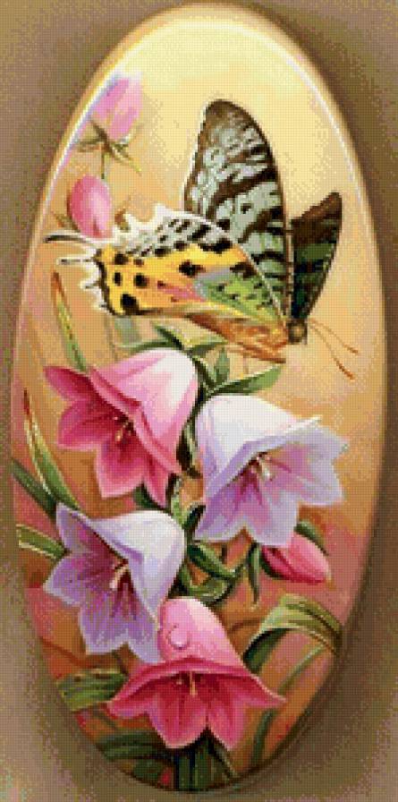 бабочка на колокольчиках - бабочка, лето, цветы, овал, колокольчики - предпросмотр