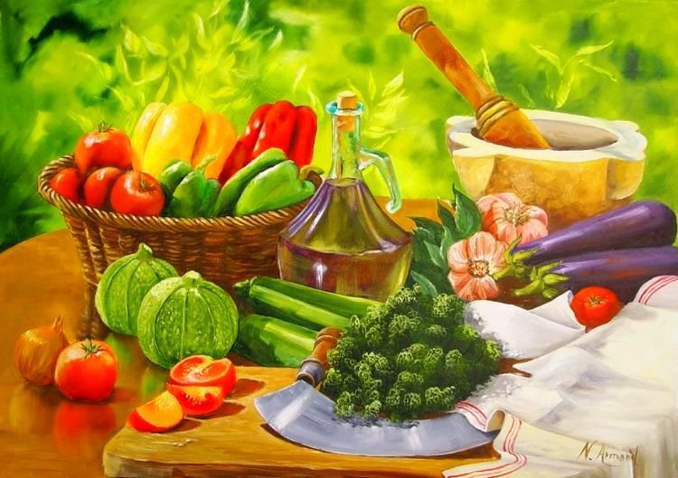 овощной натюрморт в кухню - еда, овощи, перец, масло, кухня, баклажан, натюрморт - оригинал
