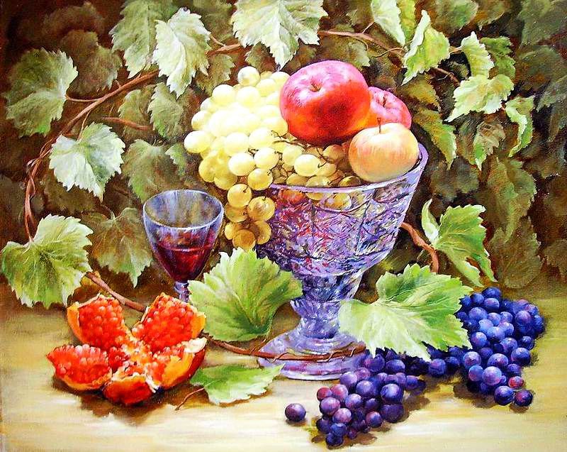 фруктовый натюрморт в кухню - живопись, натюрморт, кухня, еда, фрукты, виноград, гранат - оригинал