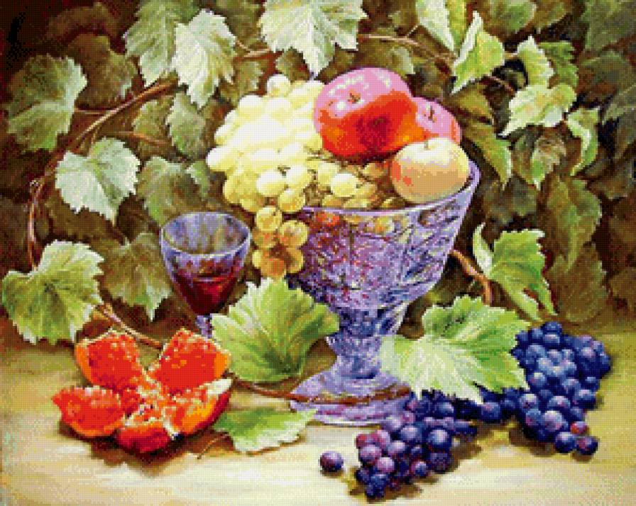 фруктовый натюрморт в кухню - кухня, еда, натюрморт, гранат, фрукты, живопись, виноград - предпросмотр