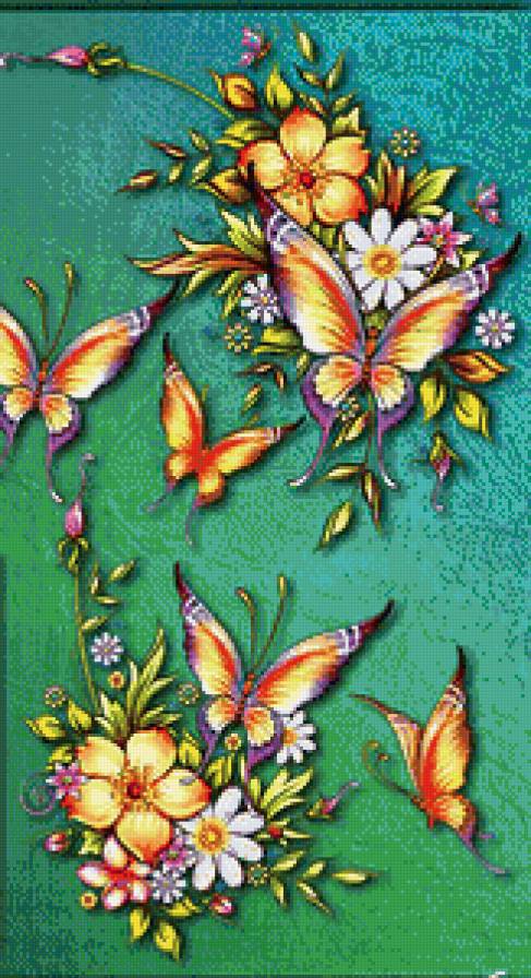 панно с бабочками и цветами - цветы, арт, бабочки, панно, краски - предпросмотр