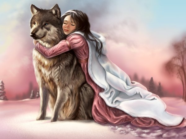 девушка и волк - девушка, животные, разное - оригинал