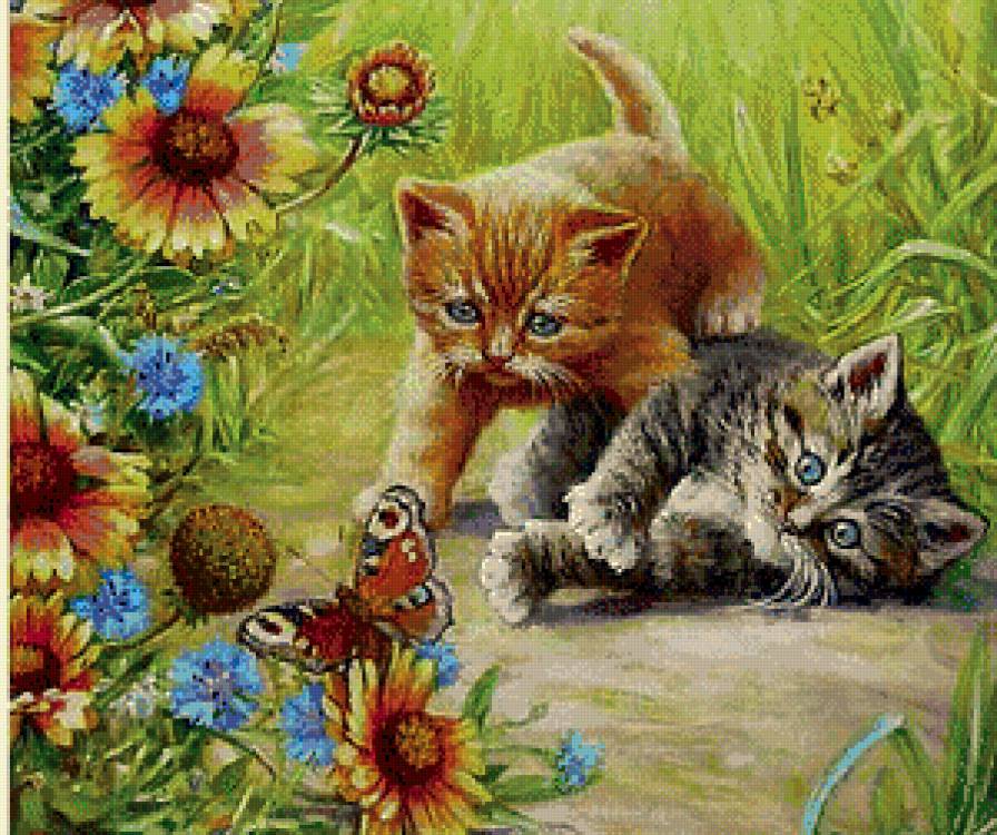 Серия "Домашние любимцы" - игра, бабочка, котята, милые пушистики, лето, цветы - предпросмотр