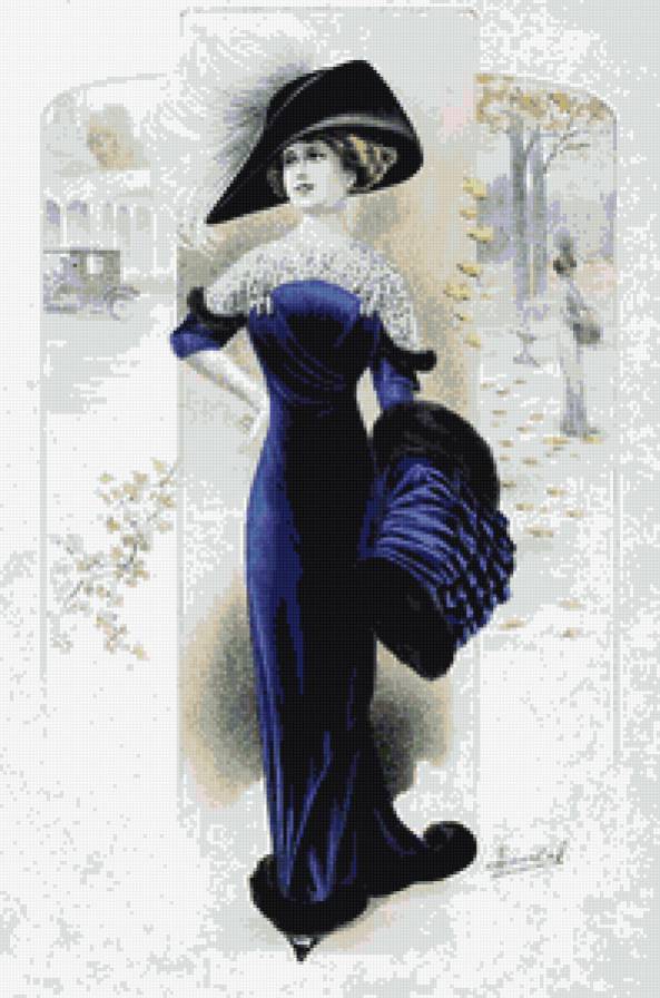 Дама в синем - портрет, ретро, женщина, открытка, синий - предпросмотр