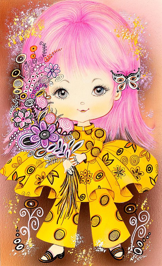 девочка с цветами - девочка, кукла, букет, цветы, детское, рисунок - оригинал