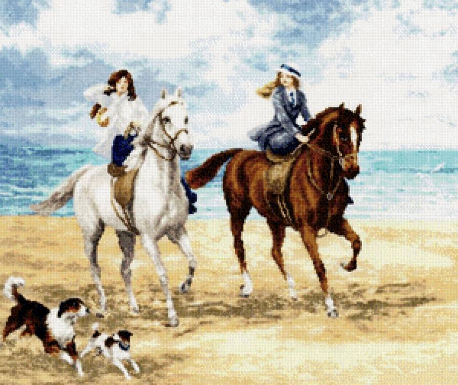Прогулка - девушки, лошади, море, прогулка - предпросмотр