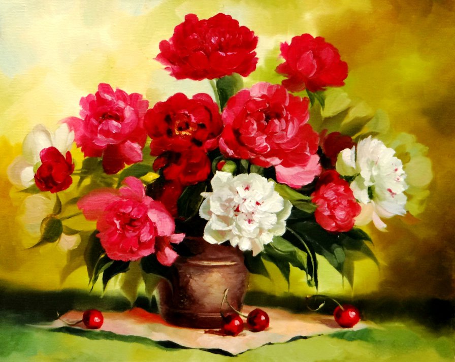 красные пионы в вазе - пионы, цветы, букет, ваза, натюрморт, весна, вишня, живопись - оригинал