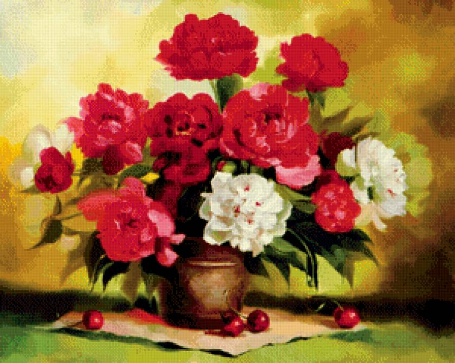 красные пионы в вазе - букет, натюрморт, цветы, вишня, весна, пионы, живопись, ваза - предпросмотр