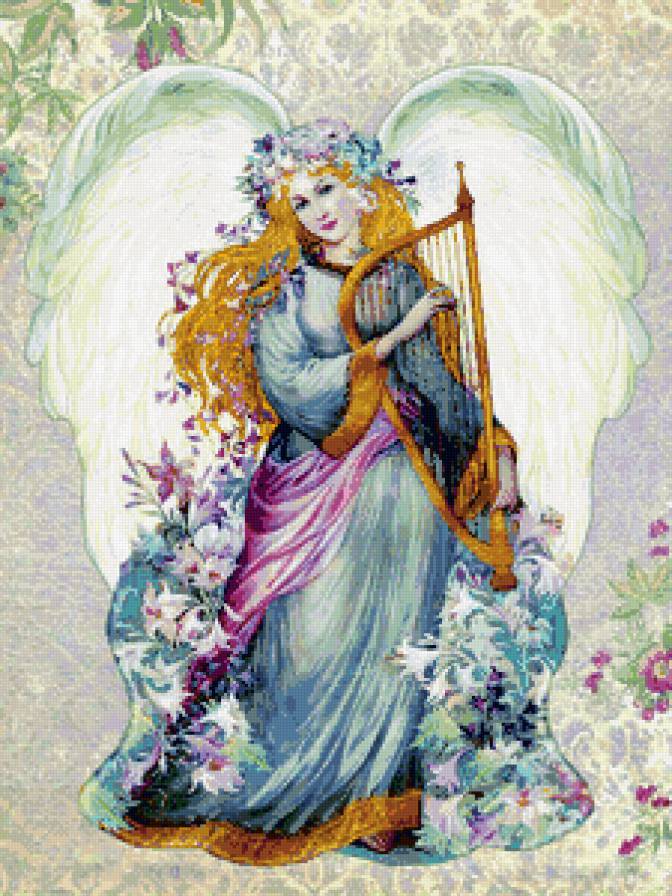 ангел с арфой - ангел, крылья, девушка, музыка, картина, рисунок - предпросмотр