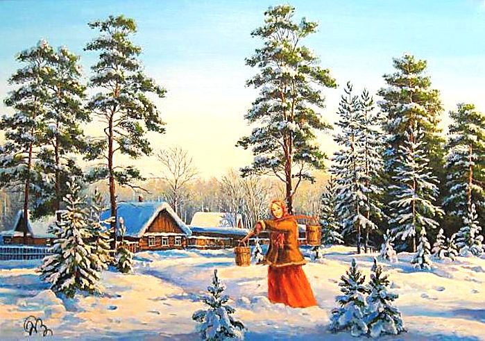 зима в деревне - снег, деревня, природа, пейзаж, зима, живопись, домик, мороз - оригинал