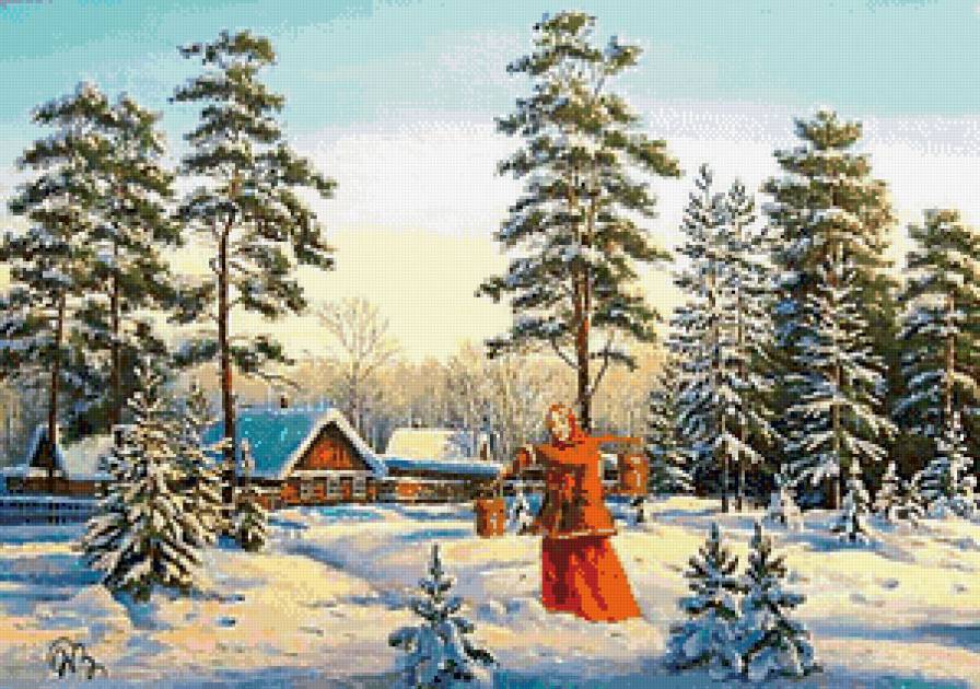 зима в деревне - деревня, природа, зима, живопись, пейзаж, мороз, домик, снег - предпросмотр