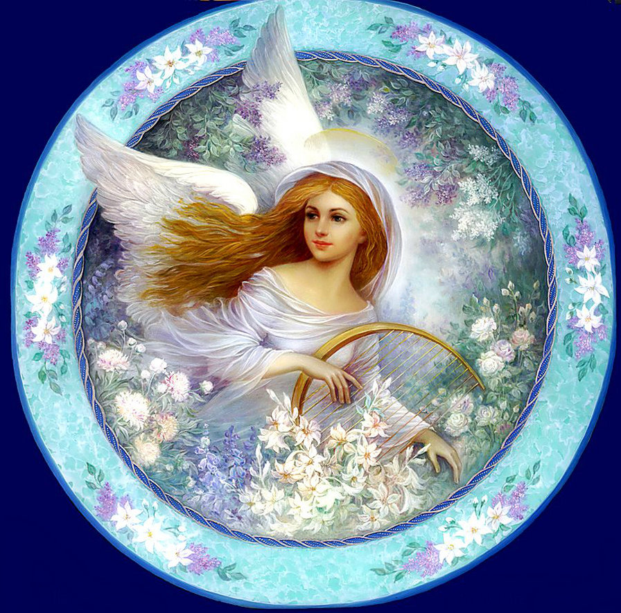 девушка ангел - тарелка, ангел хранитель, цветы, девушка, крылья, мир, ангел - оригинал