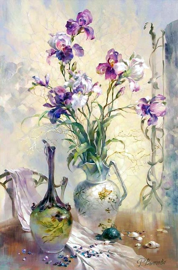 ирисы в вазе - цветы, букет, нежность, ирисы, живопись, ваза, акварель - оригинал