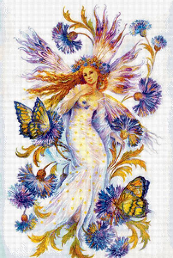 девушка бабочка - цветы, фентези, васильки, рисунок, арт, бабочки, девушка - предпросмотр