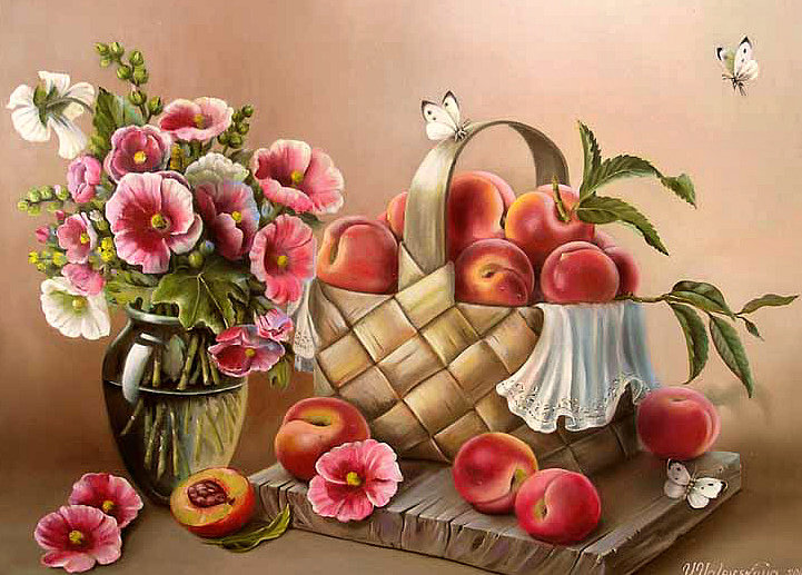 Серия "Натюрморт" - цветы, лукошко, персики, букеты, бабочки - оригинал