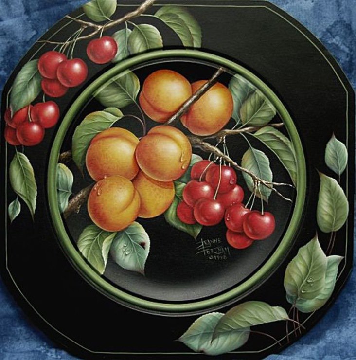 Серия "На кухню" - фрукты, тарелка, орнамент, вишня, абрикосы - оригинал