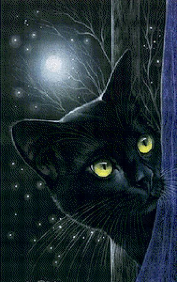 Серия "Домашние любимцы" - луна, зеленые глазки, ночь, котик, черный кот - предпросмотр