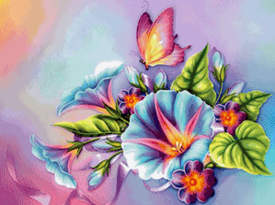барвинок и бабочки - цветы, подушка, барвинок, бабочки, панно - предпросмотр