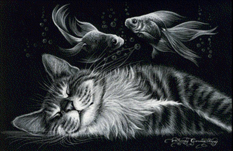Серия "Домашние любимцы" - котик, кот, сон, рыбки, черное и белое - предпросмотр