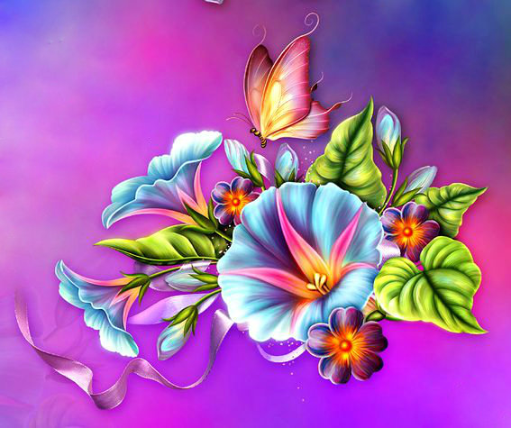 барвинок и бабочки - бабочки, подушка, барвинок, панно, цветы - оригинал