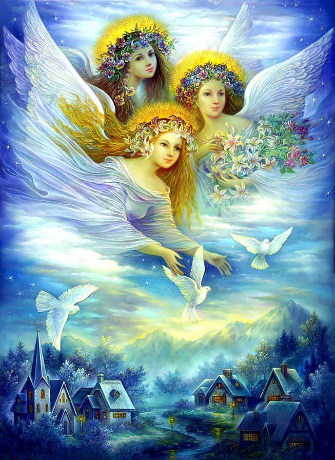 ангелы хранители - ангел, голуби, мир, ангел хранитель, крылья, дома, девушка, небо - оригинал