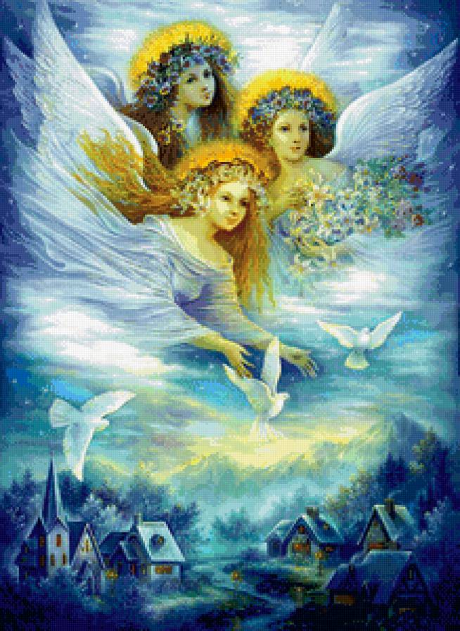 ангелы хранители - крылья, небо, мир, ангел хранитель, голуби, ангел, дома, девушка - предпросмотр