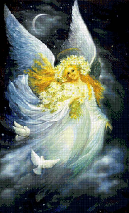 девушка ангел с голубями - цветы, девушка, фентези, ангел, голуби, ночь, крылья, венок - предпросмотр