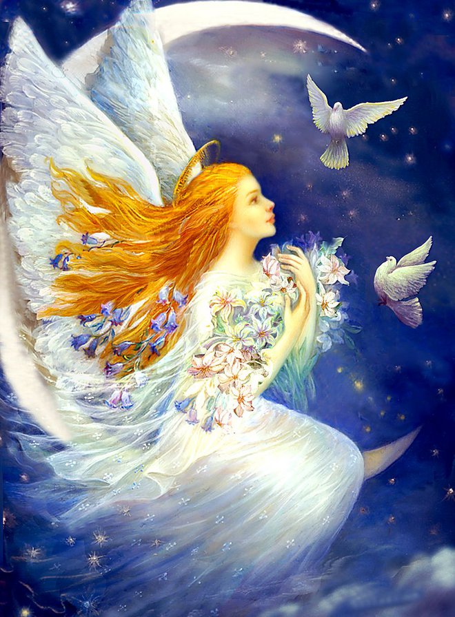 девушка ангел с голубями - девушка, ангел, фентези, цветы, голуби, крылья, венок, ночь - оригинал