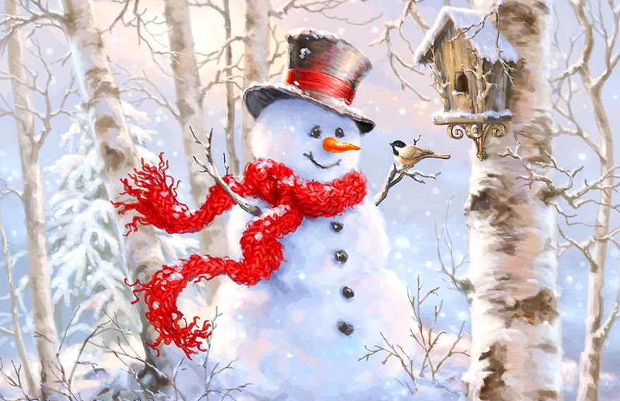 радостный снеговичок - снеговик, снег, радость, лес, птичка, зима - оригинал