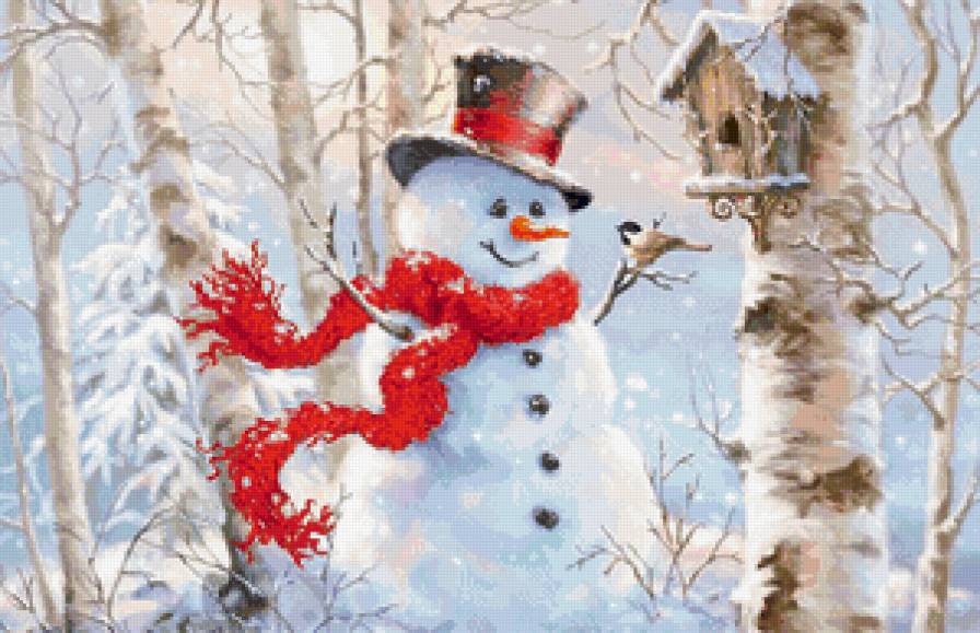 радостный снеговичок - снег, зима, лес, птичка, снеговик, радость - предпросмотр
