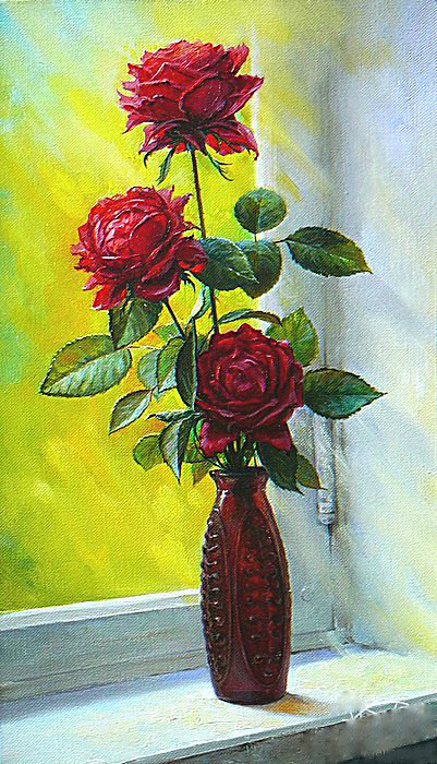розы в вазе на окне - розы, букет, натюрморт, окно, живопись, ваза, цветы - оригинал