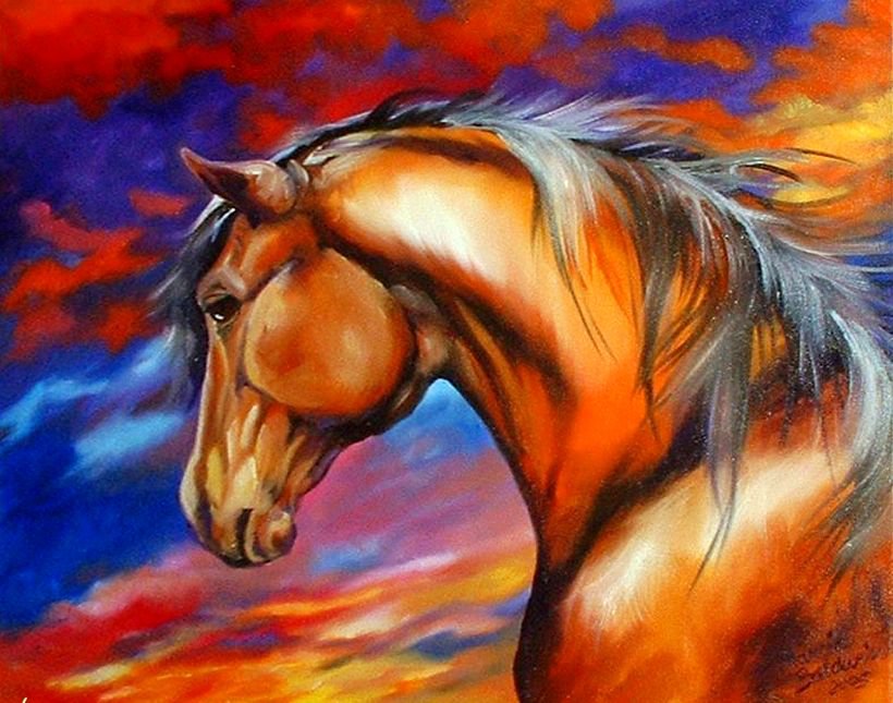 яркая лошадь - конь, лошадь, краски, животное, природа, живопись, огонь - оригинал