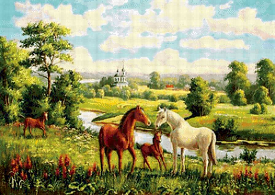 лошадиная семья - луг, семья, лошади, кони, лето, церковь, пейзаж, природа, река - предпросмотр