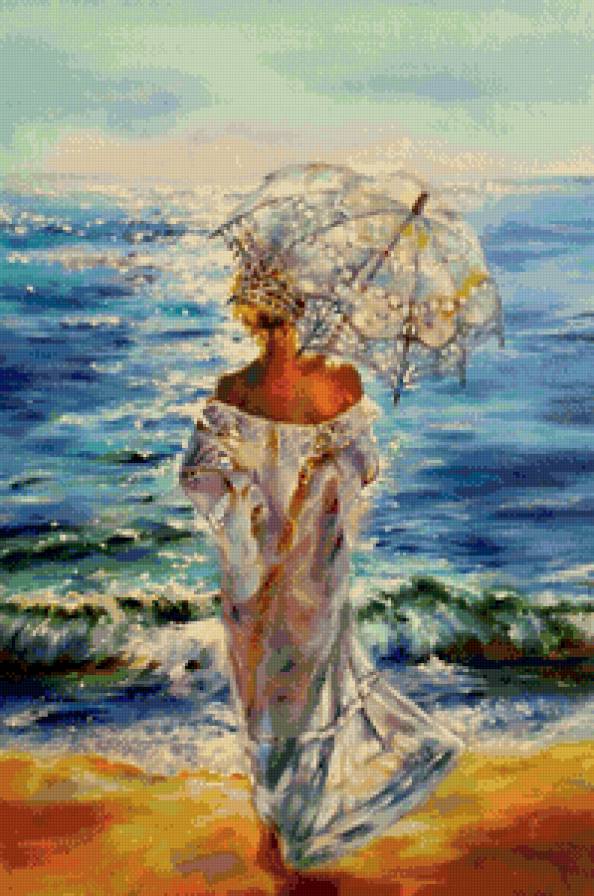 девушка на пляже под зонтом - живопись, женщина, пляж, девушка, лето, зонтик, море, красота - предпросмотр