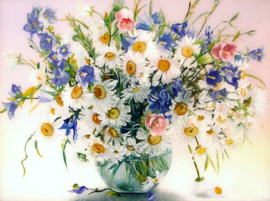 ромашки и колокольчики в вазе - колокольчики, живопись, букет, натюрморт, ваза, цветы, ромашки - оригинал