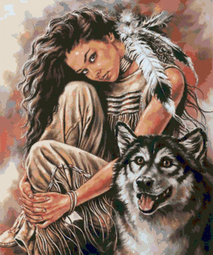В гармонии с природой - волк, девушка, индианка - предпросмотр