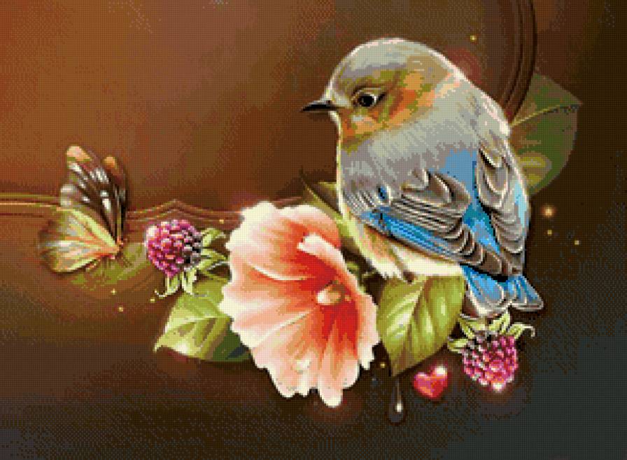 панно с птичкой - рисунок, птица, ягоды, цветы, панно - предпросмотр