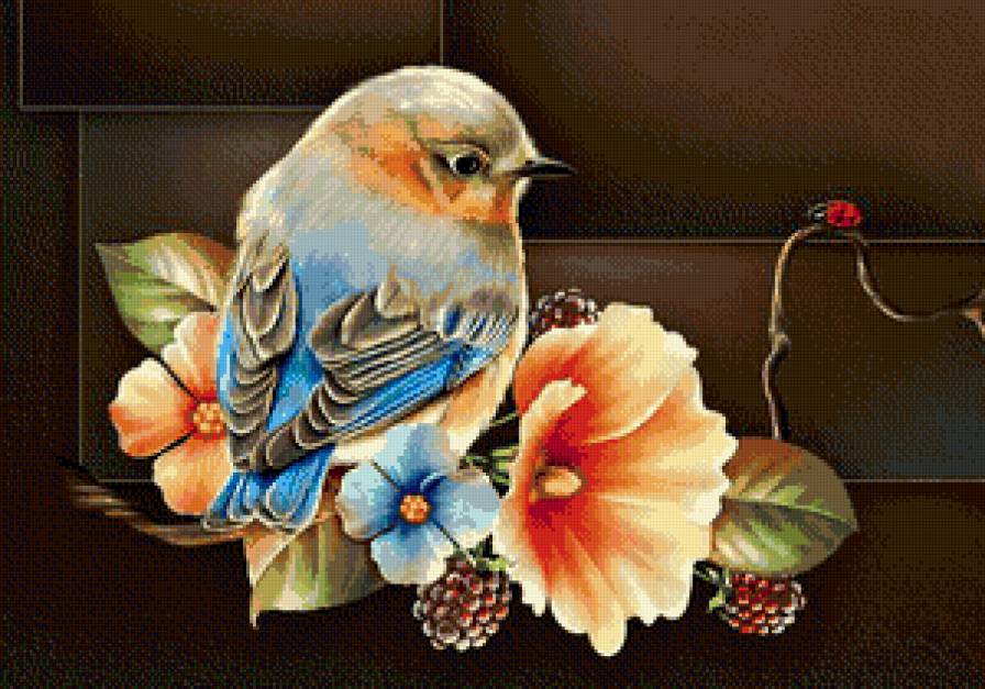 птичка на цветочке - ветка, панно, птица, божья коровка, цветок - предпросмотр